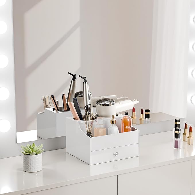 Hair Tool Organizer, Acrylic Hair Blow Dryer Holder Stand with Drawer for Straightener and Curling Storage, Bathroom Vanity Countertop Organization for Makeup Accessories - White