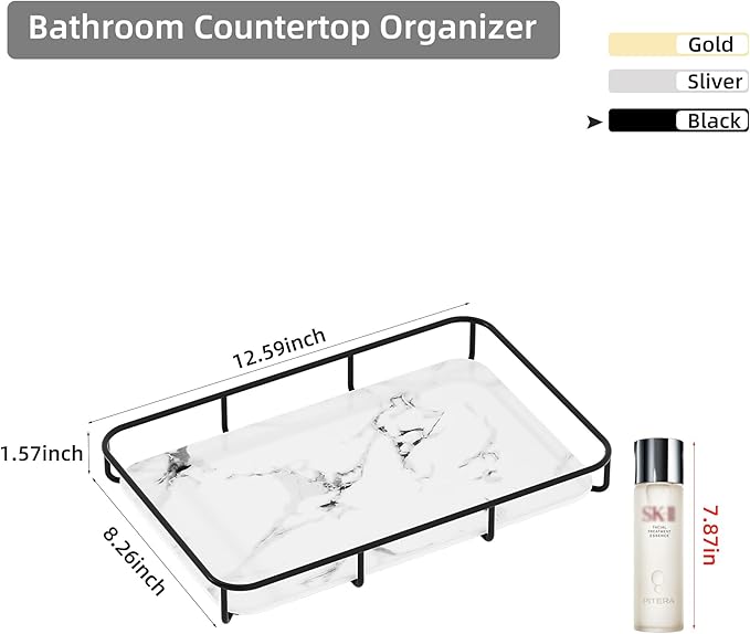 Vanity Tray Makeup Organizer Cosmetics Storage Bathroom Skincare Organizer Countertop Display Rack in Dresser Stainless Steel Shelf Marble Print Ceramic Trays