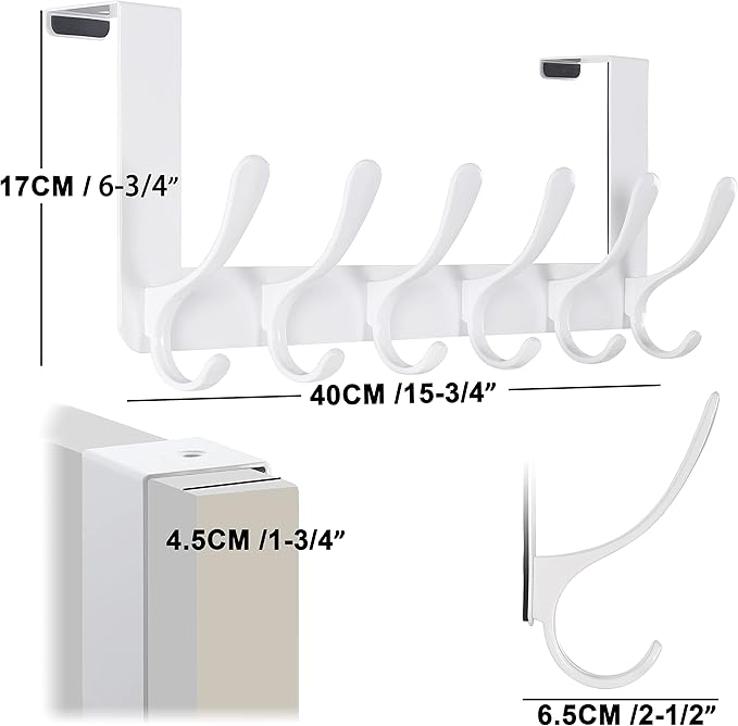 SKOLOO Over The Door Hooks - for Doors up to 4.5cm Thick, No Assembly Required, Stainless Steel Door Hanger with 6 Hooks, Over The Door Hanger for Coats Clothes Hat Towel Jacket, White