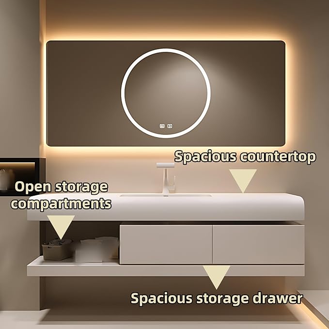 56IN Bathroom Vanity with Sink - Bathroom Cabinet Set has 2 Drawers & Overflow Hole Wall Mounted | LED Practical Defogging Mirror, Open Compartments, Seamless Rock Slab Basin (Cream White)