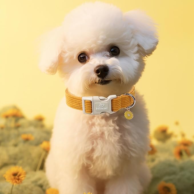 Cute Corduroy Dog Collar - Mustard Yellow Adjustable Dog Collars for Large Dogs 50-80lbs, Fade-Proof with Secure Snap & Little Charm, Christmas Birthday Gift, L
