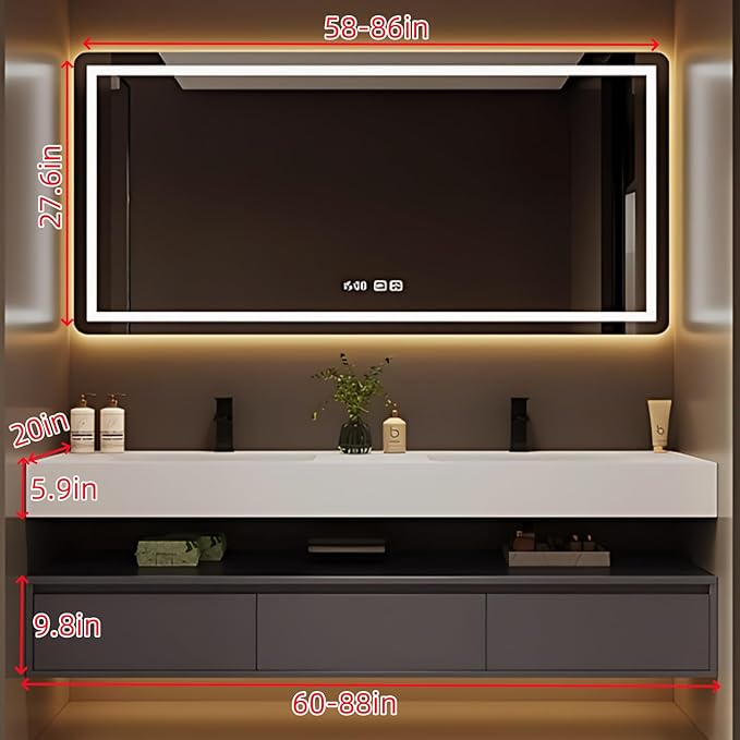 60IN Bathroom Vanity Double Sink - Double Sink Bathroom Vanity Set Include Smart Defogging Bathroom Mirror Cabinet with LED Light Strips, Abundant Storage Space with 3 Drawers (Mirror)