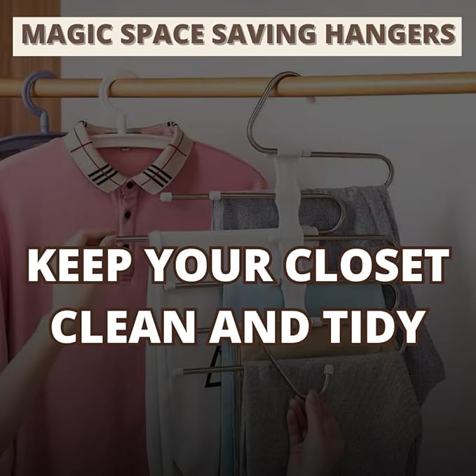 Set of Four - 5-Layer Stainless Steel Metal Pants Hangers | Space-Saving Hanger Rack for Men & Women | Folding Clothes Hangers | Multi-Purpose Organizer for Pants, Scarves, Jeans