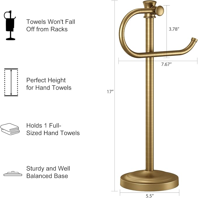 BESy 17 Inch Antique Brass Stand Towel Bar Hanger Hand Towel Bar Bathroom Vanity Countertop Towel Holder Free Standing Stainless Steel Towel Ring Hardware Accessories Towel Rack