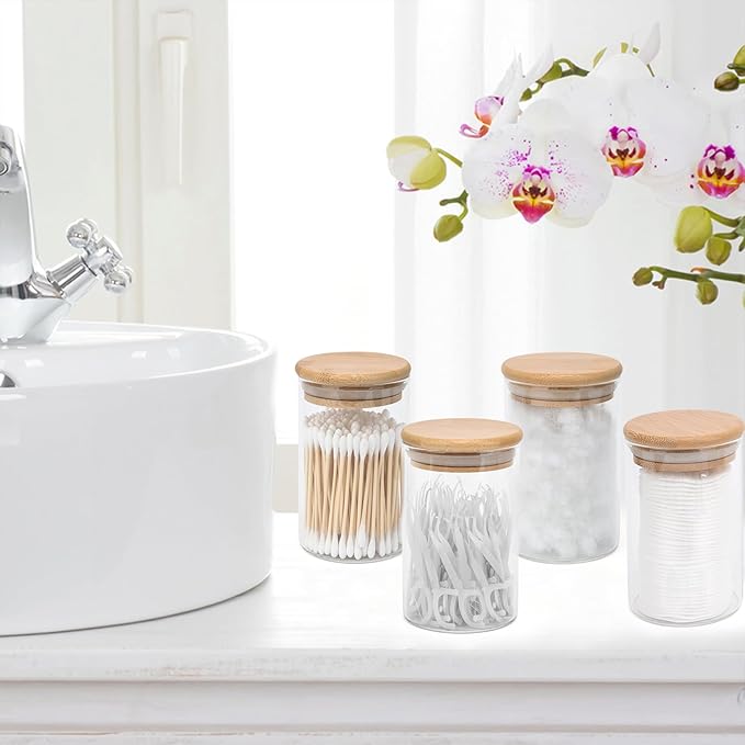 4 Pack Glass Qtip Holder Dispenser Set - Apothecary Jars with Lids for Vanity Makeup Organizer - Bathroom Canister Storage Organizer for Cotton Ball, Swab, Round Pads,Floss