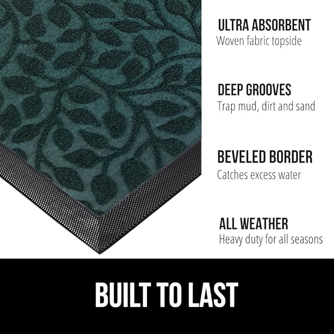 GORILLA GRIP 100% Waterproof All-Season WeatherMax Doormat 35x23, US Designed Natural Rubber, Stain and Fade Resistant, Low Profile Indoor Outdoor Door Mats, Easy Clean Patio Mat, Moss Vine Leaves