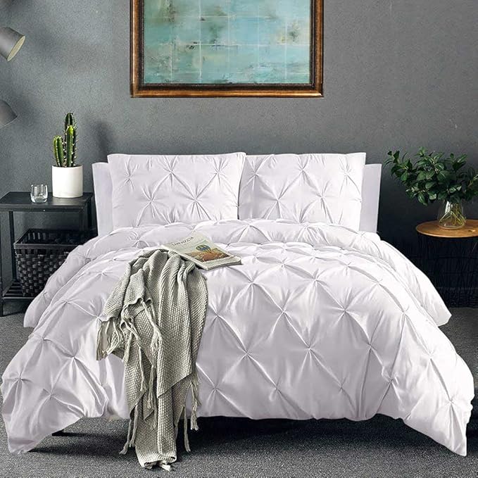 Pinch Pleated Duvet Cover Set 100% Cotton 3PC Calking Size 98x104 Duvet Cover Set, Decorative Pinch Design White Duvet Cover with Matching Pillow Case