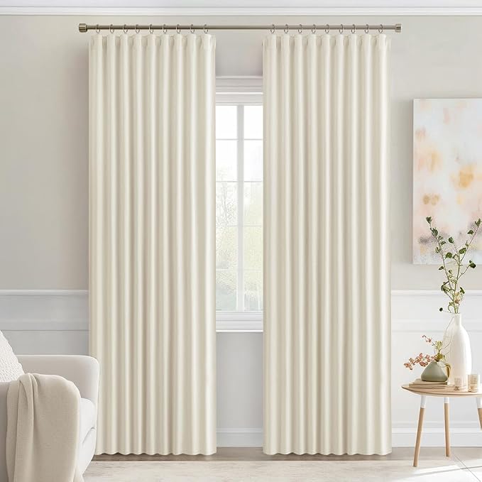 MIULEE Beige White Back Tab Blackout Curtains 90 Inches Long 2 Panels Set