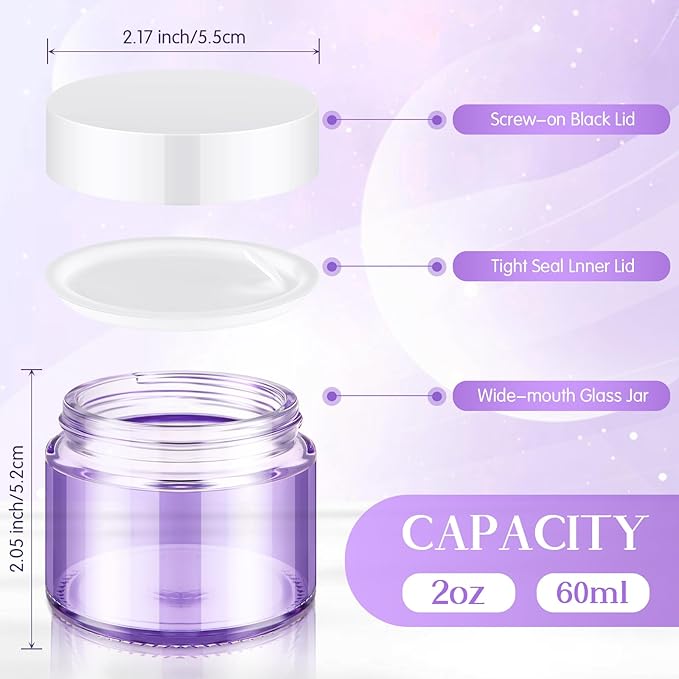 Domensi 32 Pcs 2 oz Glass Jars with Lids Travel Size Round Leakproof Empty Cosmetic Jars with Inner Liners Lid for Storing Makeup Lotions Face Cream Ointments Candle DIY Making (Light Purple)