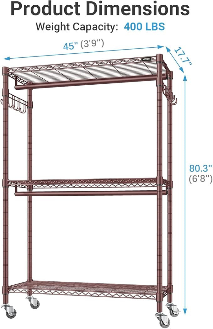 VIPEK R2 Plus Rolling Clothes Rack for Hanging Clothes Heavy Duty Clothing Rack 3 Tiers Adjustable Metal Wire Shelving Garment Racks with Side Hooks, Closet Organizers and Storage Wardrobe, Bronze