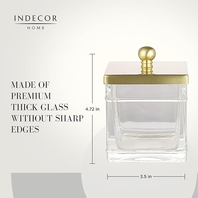 Clear Transparent Hotel Style Apothecary Tempered Glass Canister Jar W/ Gold Metal Lid Cover, Classic Countertop Organizer for Cotton balls/pads, Floss Picks, Makeup Storage