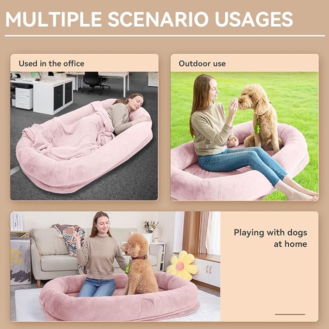 Ultra-Soft Human Size Dog Bed for People and Pets; 77”x51”x11” Extra Large Dog Bed with Raised Cushioned Rim, Removable Cover, Waterproof Lining and Bonus Blanket (77"x51"x11", Pink)
