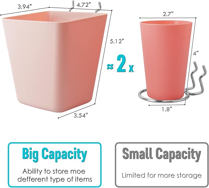 Large Pegboard Cups, 6Pack Peg Board Square Storage Bins With Hooks (Pink) | Big Open-Mouth Cups, 1/8" 1/4" Pegboard Organizer Accessories, Cup Holder for Craft Garage Workbench Office Tools Supplies