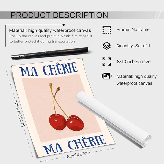 jkahh Funky Cherry Wall Art Vintage Red Blue Aesthetic Poster Trendy Ma Cherie