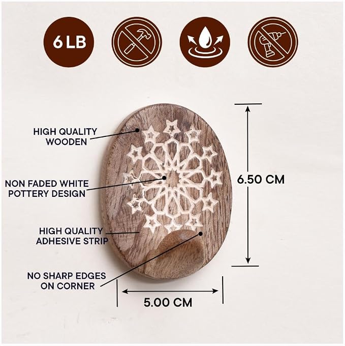 IndianShelf 6 Lb- 24 Pieces Decorative Wood Adhesive Wall Hooks–Boho Peel and