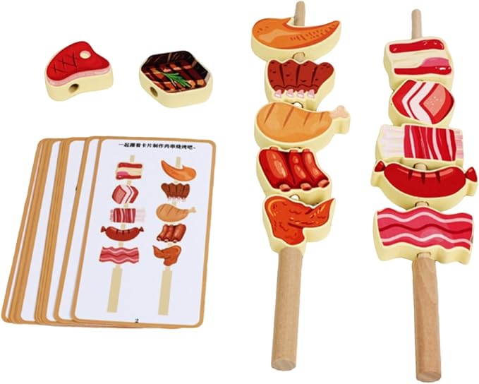 Children Cognitive Game Educational Toy Fruit Skewer Threading Game Stacking Blocks Lacing Beads Wooden Material for Early Learning Fine Motor Skills, BBQ Meat Skewers