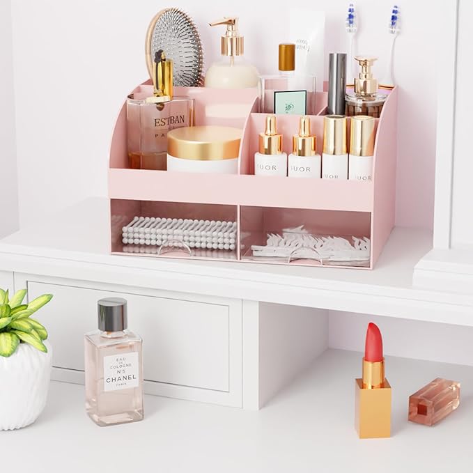 Makeup Organizer with Drawers, Cosmetic Storage for Dresser Vanity and Bathroom Countertop, Beauty Holder for Lipstick Brush, Skincare Organizer for Vanity, Cosmetic Display Case (Pink-2Pack)