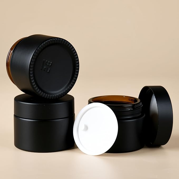 1 oz Reusable Black Glass Container Jars 24 Pack with Wide-mouth Leak Proof Cap and Inner Pull-On Lid for Travel Storage Makeup, Face Creams, Body Lotions, DIY Crafts or Others