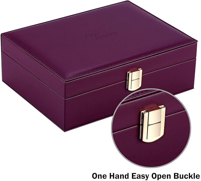 Voova Jewelry Box Organizer for Women Girls, 2 Layer Large Men Jewelry Storage Case, PU Leather Display Jewellery Holder with Removable Tray for Necklace Earrings Rings Bracelets, Vintage Gift, Purple