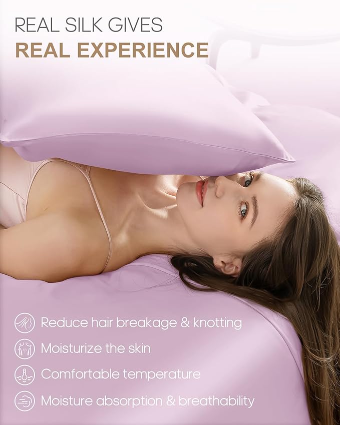 THXSILK Set of 2 100% Mulberry Silk Pillowcase for Hair and Skin Health, 22 Momme Soft and Smooth Pillowcases with Hidden Zipper, Both Sides Premium Grade 6A+ Silk, Standard 20"x26", Light Purple