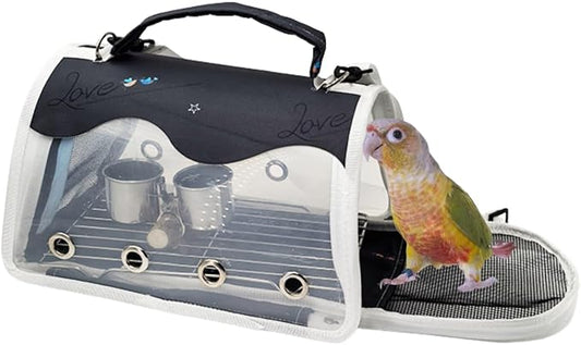 Bird Carrier Bag Bird Travel Cage with Indestructible Stainless Steel Mesh, Feeder Cups and Stand Perch, Portable Bird Travel Bag, Pet Transparent Breathable Travel Cage (Black,Medium)