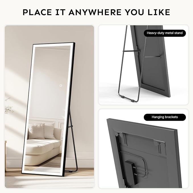Kosmonia 67x20 Full Length Mirror, Dimmable 3 Color LED Light w/Light Memory