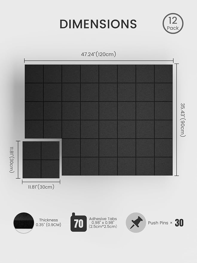 Bumusty Large Felt Bulletin Board, 30 Push Pins, 70 Adhesive Tabs