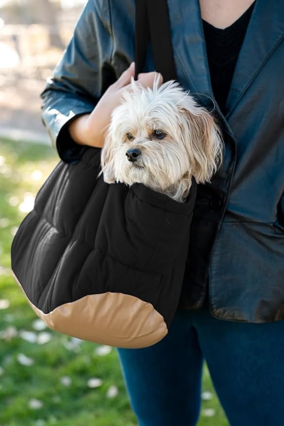 NoblePup Plush Dog Purse Carrier for Small Dogs, Soft Tote Bag with Safety Harness Clip, Cozy Pet Carrier for Dogs Under 15 lbs, Comfortable Shoulder Carrier for Travel, Black 2.0