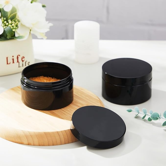 Dandat 24 Pcs 4 oz Plastic Jar Container with Lid and Label Refillable Empty Round Black Pet Cosmetic Sample Slime Containers for Lotion, Cream, Ointments, Body Butter, Makeup, Travel Storage