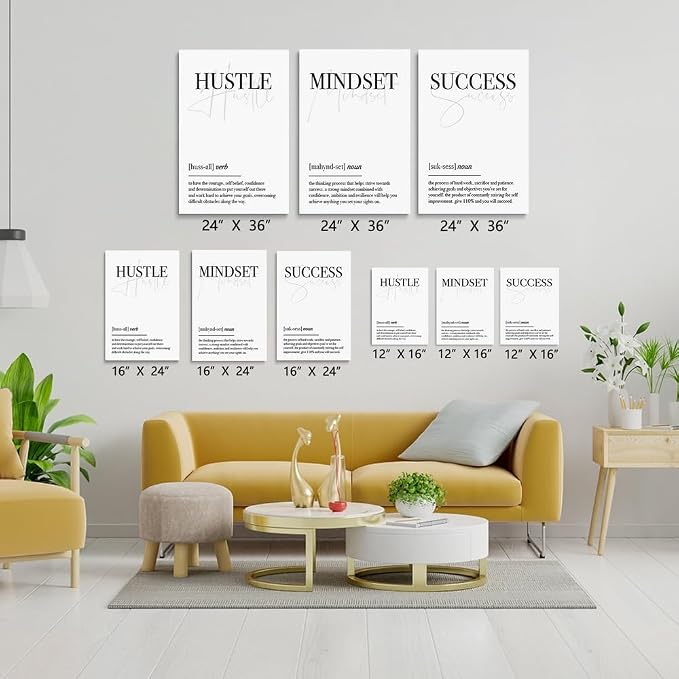 GUBIYU Hustle Mindset Success Wall Art Set of 3 Framed Canvas Black and White