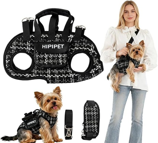 Dog Lift Harness Dog Carrier Adjustable Carrier Sling for Small and Medium Cats with Small Pet Treat Bag Outdoor Hiking (Black L 8-14lb)
