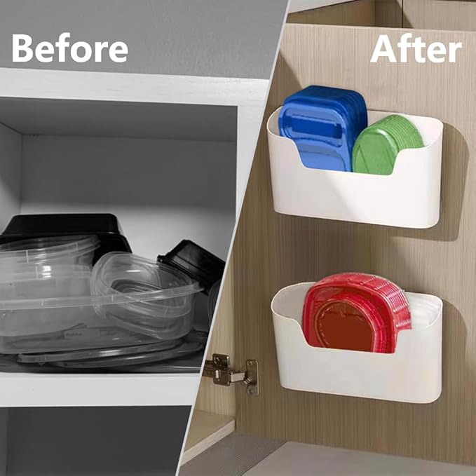 Bawuie Adhesive Cabinet Door Organizer, Lid Organizer for Food Storage Container Lid, Wall Mounted Over Pantry Door Organizer Bin Holder Caddy for Plastic Lid Kitchen Bathroom, White, 2 Pack