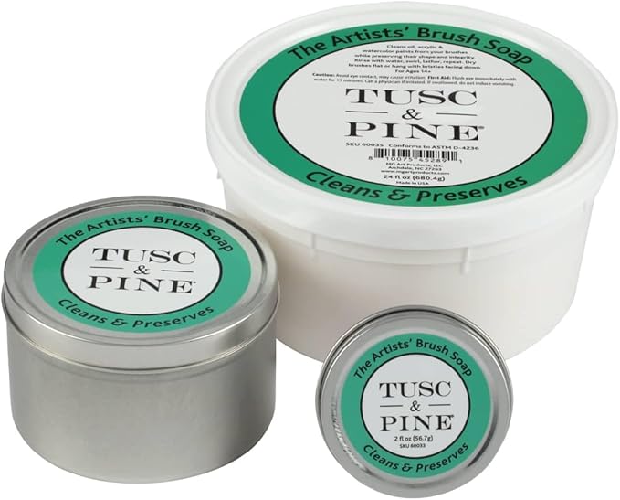 Tusc & Pine The Artists' Brush Soap - 2oz Plant-Based Brush Cleaner, Oil, Acrylic, Watercolor Paint - Nourishes Bristles; Made in North Carolina; Alkali Soap, Gentle Pine Fragrance