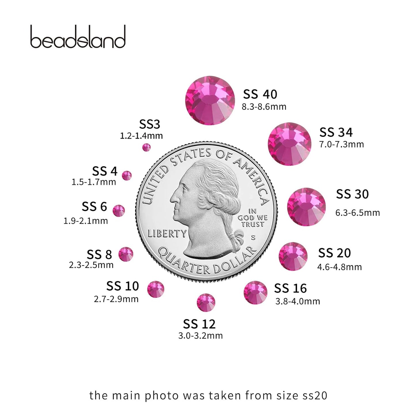 Beadsland 1440pcs Flat Back Crystal Rhinestones Round Gems for Nail Art and Craft Glue Fix, Fuchsia,SS8,2.3-2.5mm