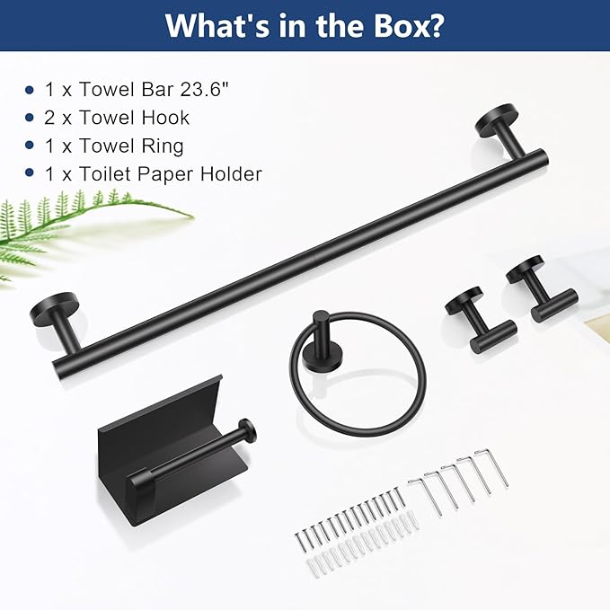 TQKAG 5 Piece Bathroom Towel Bar Holder Sets Matte Black Bathroom Hardware Set Stainless Steel Toilet Paper Holder with Shelf Bathroom Accessories Kit Wall Mounted