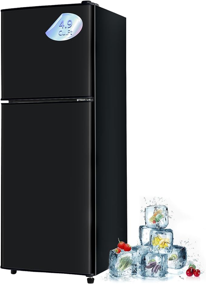 Mini Fridge with Freezer 4.9 Cu. Ft 2 Door Refrigerator, Dorm Fridge with 7 Adjustable Thermostat & Shelves, Compact Mini Refrigerator Freezer for RV, Kitchen, Office, Black