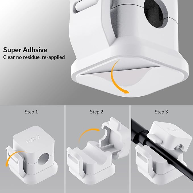 PZOZ 6 Pack Cable Organizer Clips, Adhesive Cord Holder for Desk, Secure Cable Management Clips for USB-C, Lightning & Charging Cables, Wire Organizer for Home Office Car (White)