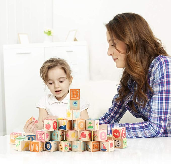 Wooden ABC Toy Building Blocks for Toddlers 1-3 36 PCS Wood Alphabet Number Blocks for Stacking Learning Preschool Educational Montessori Sensory Toys for Kids Boys Girls Gifts 1.7"