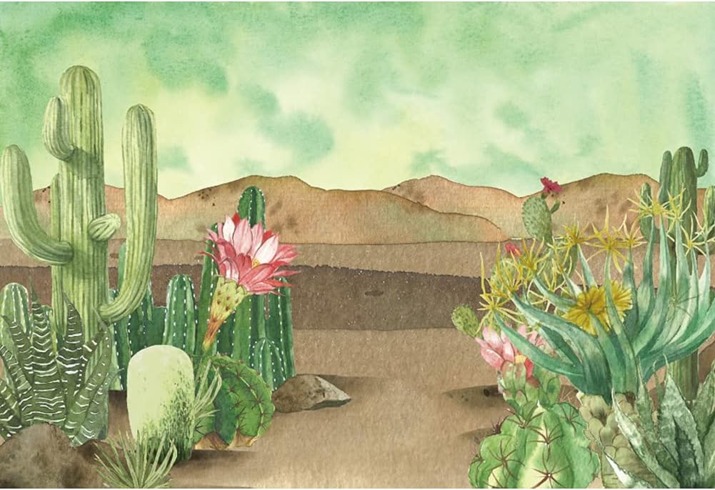 Renaiss 6x4ft Floral Cacti Backdrop Watercolor Aloes Cactus Flowers Desert Scenery Photography Background Botanical Mexican Fiesta Baby Shower Bridal Shower Birthday Party Decors Photo Studio Props