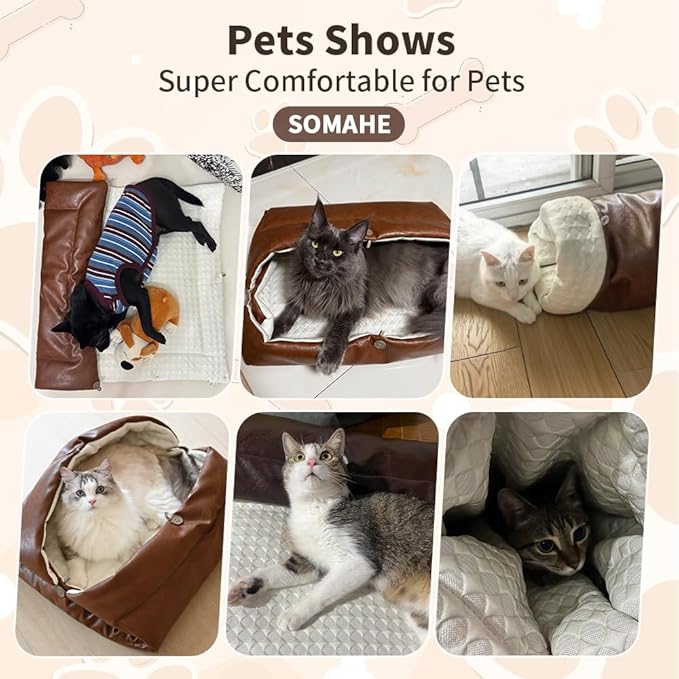 Cat Beds for Indoor Cats Dog Bed for Small Dogs 5 in 1 Function - Leather Mats Bed Cave Pillow Pad for Puppy & Kitten Four-Season 27.5 * 35.4inch Brown
