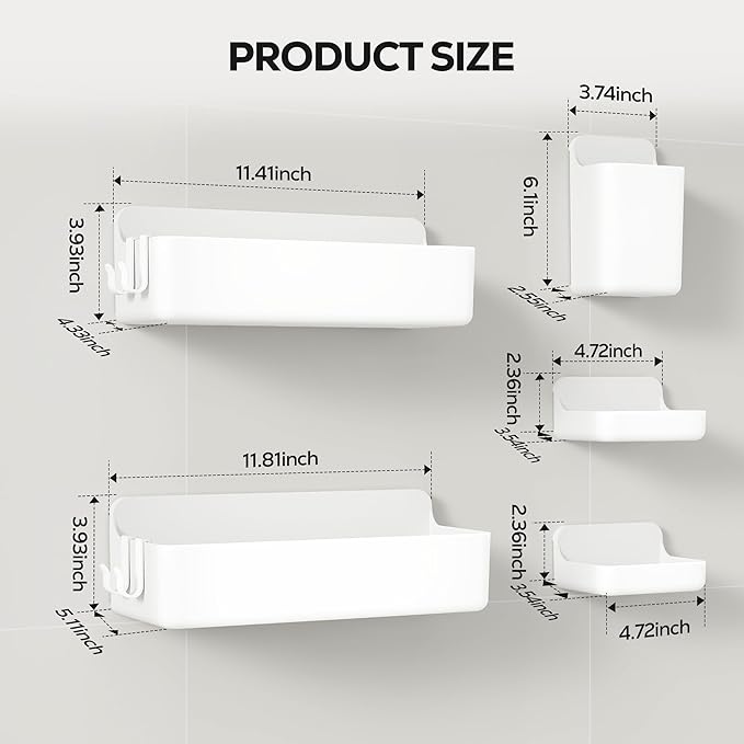 Nieifi Adhesive Wall Shelf, Shower Shelves 5 Pack with Soap Holder, Shower Organizer for Bathroom Organization, White