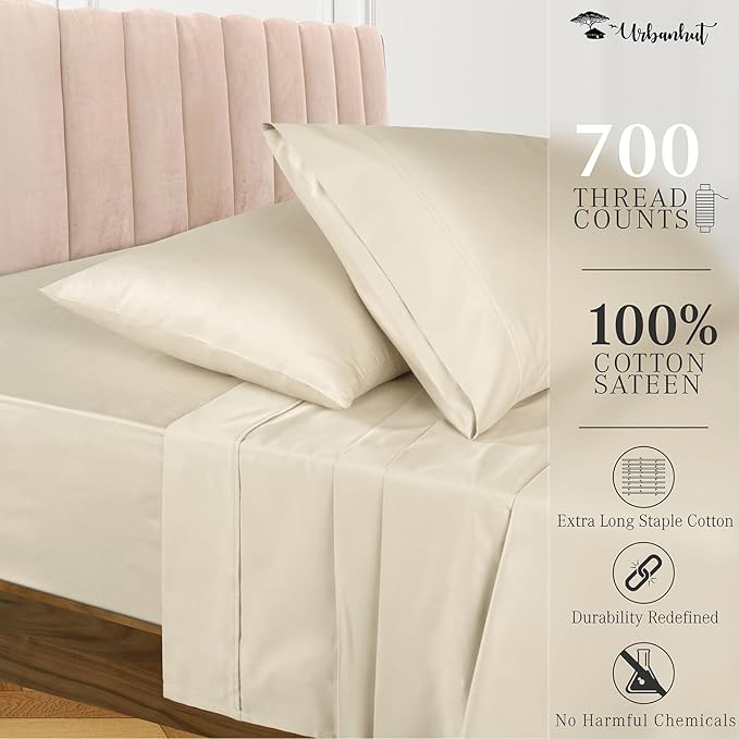 URBANHUT 700 Thread Count Queen Sheet Set Egyptian Cotton Sheets, 4Pc Sheet Set Soft Luxury Bed Sheets for Queen Size Bed, Sateen Weave Hotel Sheets, 16'' Elasticized Deep Pocket - Ivory