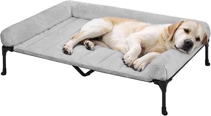 Veehoo Cooling Elevated Dog Bed with Fluffy Plush Bolster Cushion, Indoor Raised Dog Beds for Large Dogs, Soft Pet Sofa Cot with Removable Washable Mat, No-Slip Feet, 49 x 33 inches, Grey
