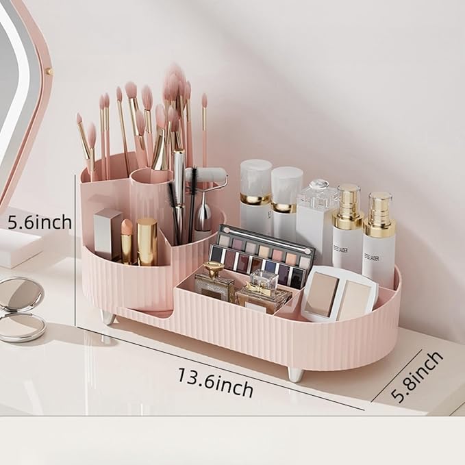 Rotating makeup organizer,Large Capacity Cosmetic Display Case, easy to hold all of your makeup products, at least 20 makeup brushes/eyeliner,10 lipsticks,8 skincare products(Pink)