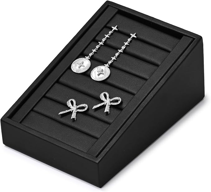 PU Leather Jewelry Ring Tray Display Stand Slotted Ring Showcase Display Organizer Holder for Trade Show(Black)