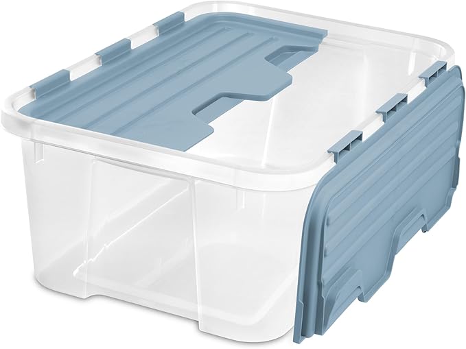 Sterilite 6 Pack Hinged Lid Storage Box, 40 Qt Plastic Container, Washed Blue - Home Organizer Tote for Storing Shoes, Crafts, Clothing, or Decor