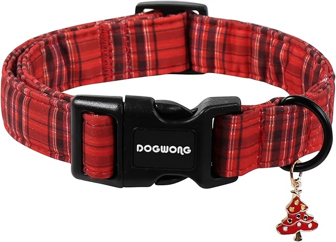 DOGWONG Christmas Plaid Dog Collar, Cute Adjustable Red Tartan Collar, Red Grid Dog Collar with Strong Plastic Buckle for Small Medium Large Dogs,M