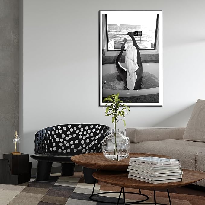 Trendy Black and White Poster Funny Woman Drinking Wine in Bathtub Wall Art