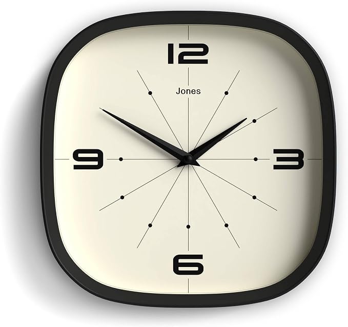 JONES CLOCKS® Pulsar wall Clock | Square Rounded Retro Clock | 10 inch | Black