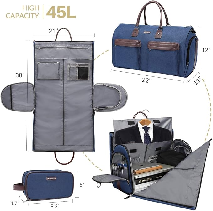 Convertible Garment Bag with Toiletry Bag, Modoker Carry on Garment Duffel Bag for Men Women - 2 in 1 Hanging Suitcase Suit Travel Bags, Blue